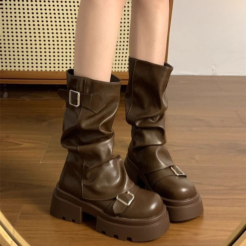 Belt Buckle Blank - Women Punk Mid Calf Boots Autumn
